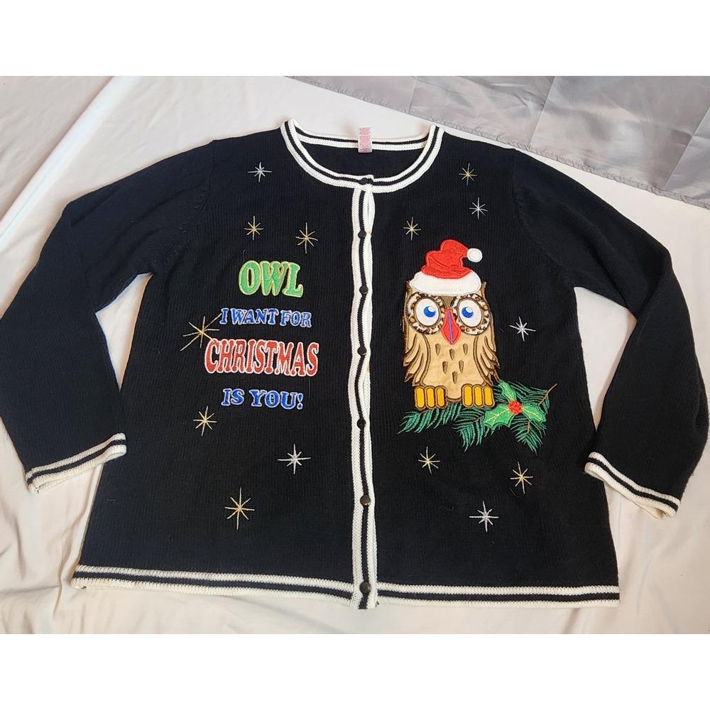 Holiday Time Owl I Want For Christmas Is You Novelty Cardigan Sweater XL Black